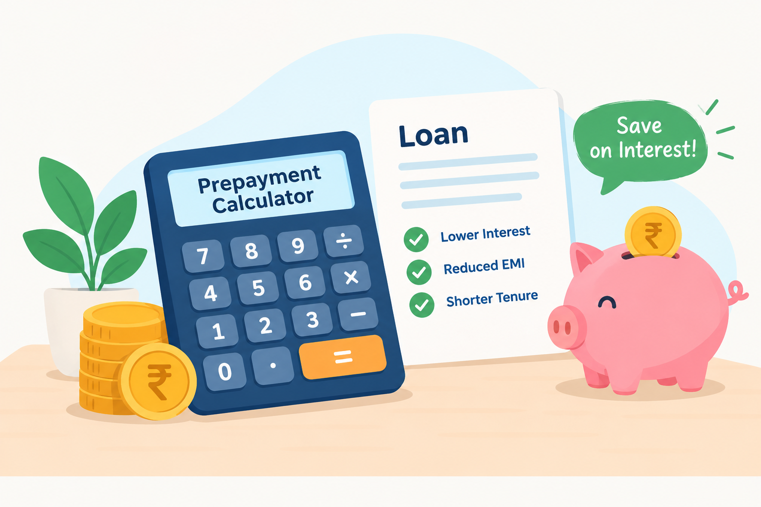 Loan prepayment calculator illustration showing a calculator, rupee coins, a piggy bank, and benefits such as lower interest, reduced EMI, and shorter loan tenure.